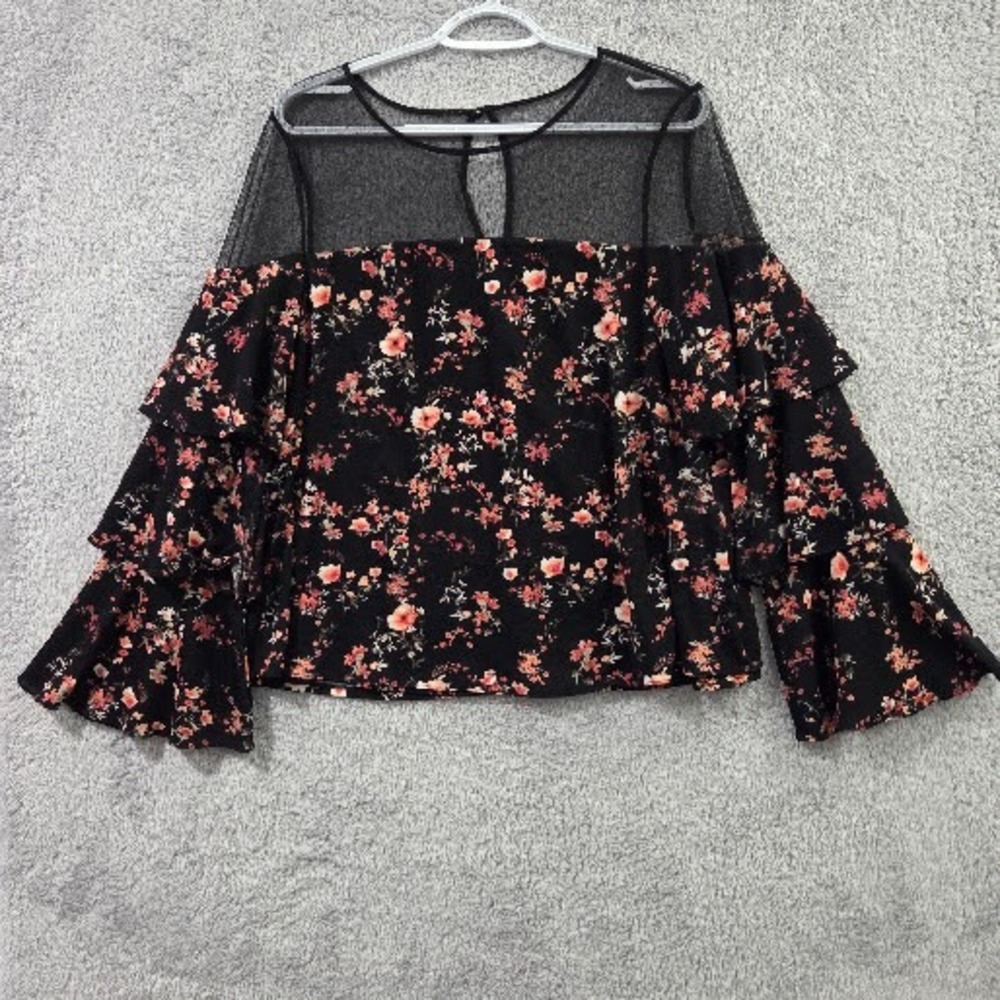 White House Black Market Floral Blouse Women Large Black Mesh Tiered Bell Sleeve